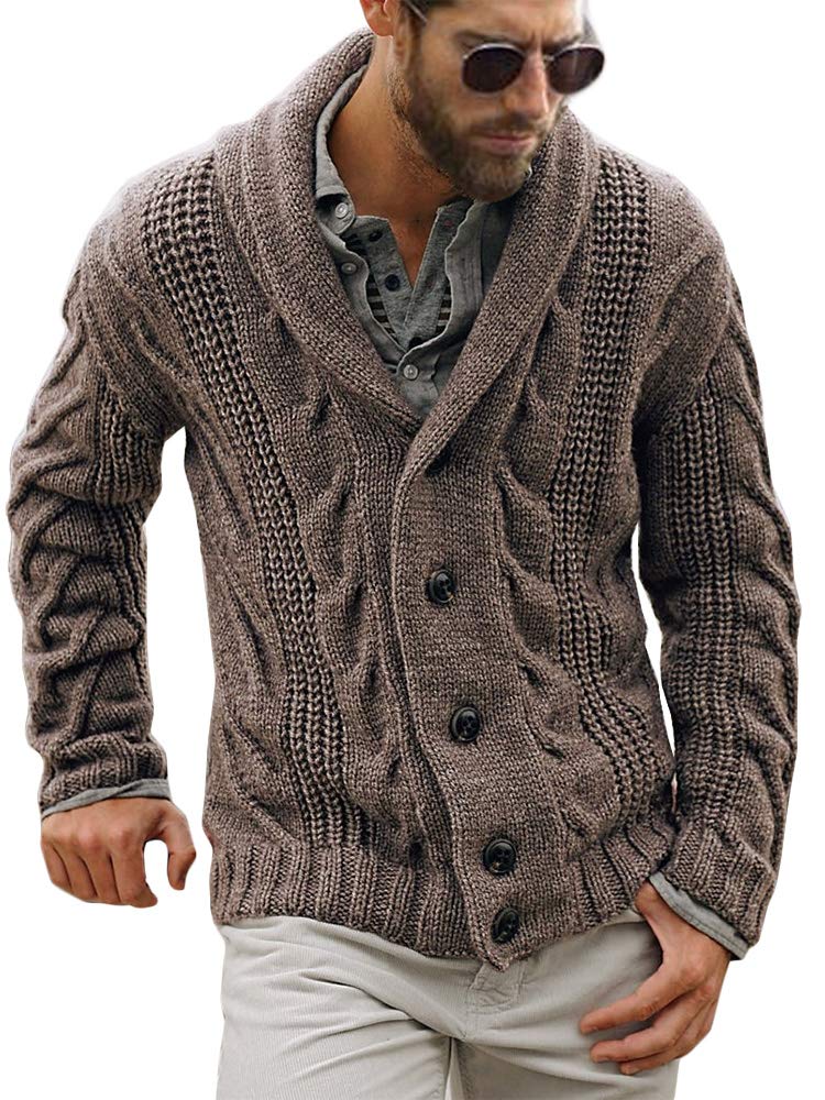 Karlywindow Mens Cable Knit Cardigan Sweater Shawl Collar Loose Fit Long Sleeve Casual Cardigans Brown - Image 1